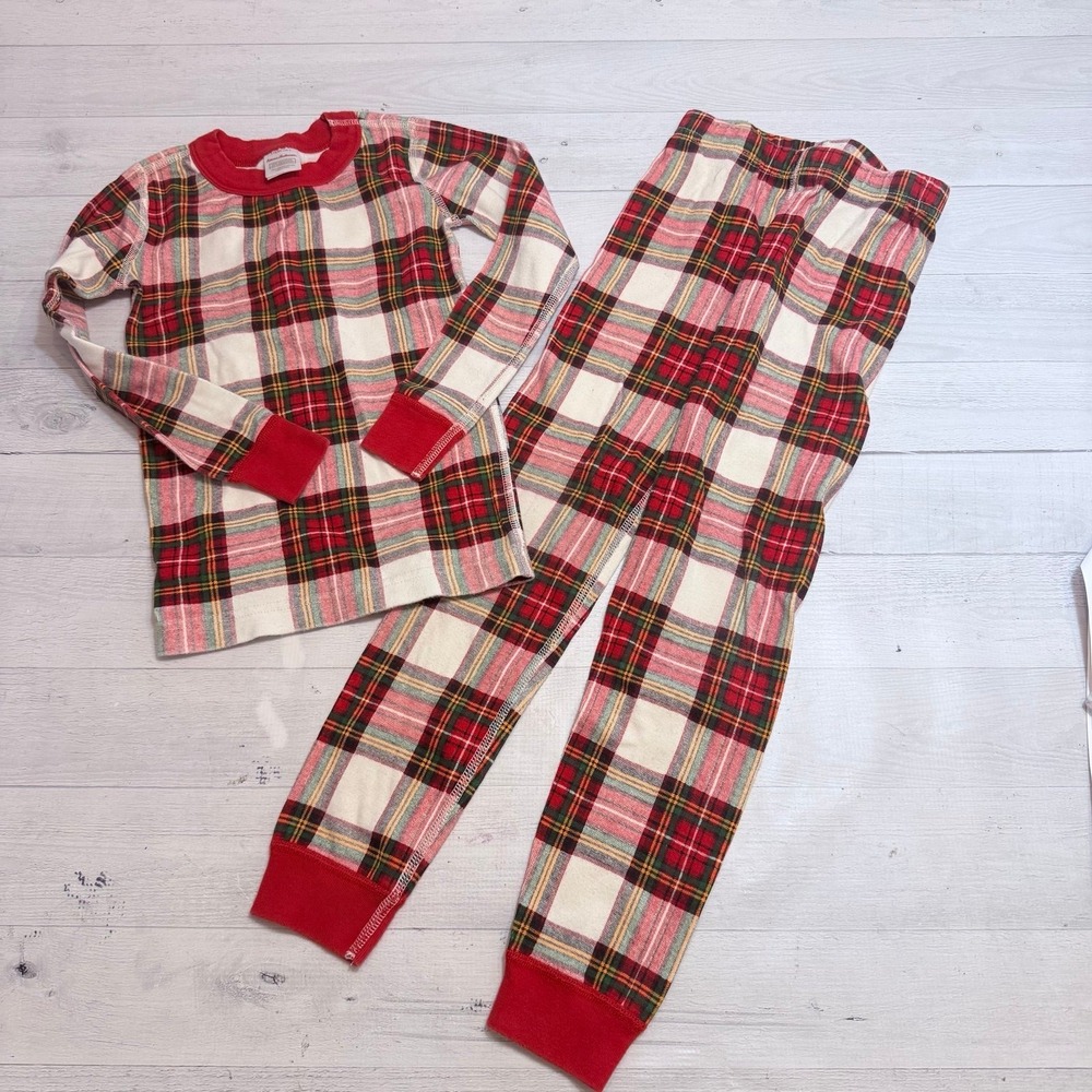 Hanna Andersson kids red plaid long John pajamas top size 5 bottoms 6/7